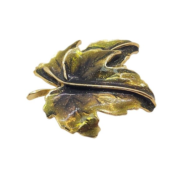 Vintage Autumn Leaf Brooch Green Glitter Enamel Gold Tone - Picture 7 of 10